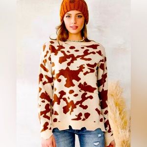 Buckle Willow & Root brown and cream cow print sweater XS